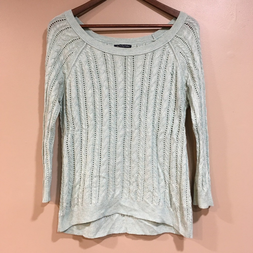 American Eagle Cable Knit Boatneck Sweater Mint Green Womens M Preppy‎ Coastal